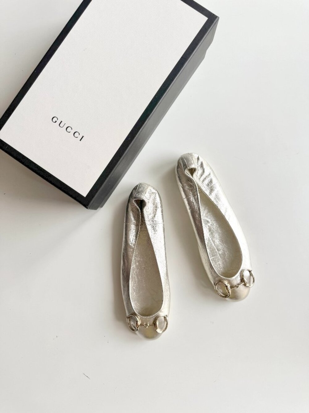 GUCCI Champagne Metallic Leather Gold Horsebit Buckle Ballet Flats, Size 36.5